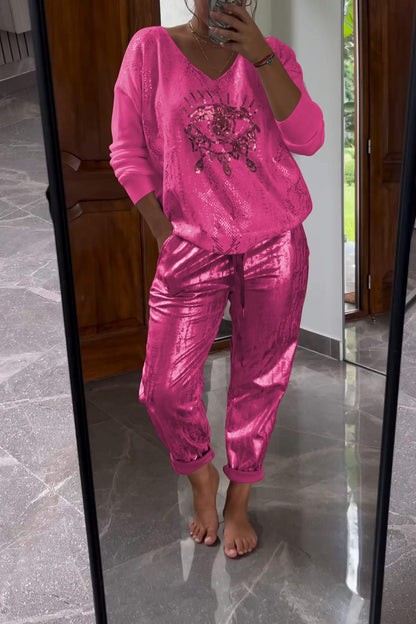 Conjunto de Duas Peças de Top com Lantejoulas e Calças Metalizadas - 2