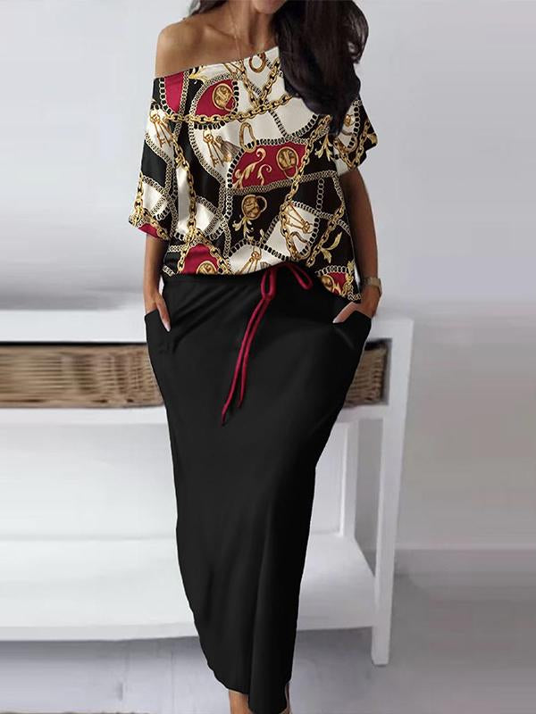 Conjunto de Saia Casual e Estampada com Decote Ombro a Ombro