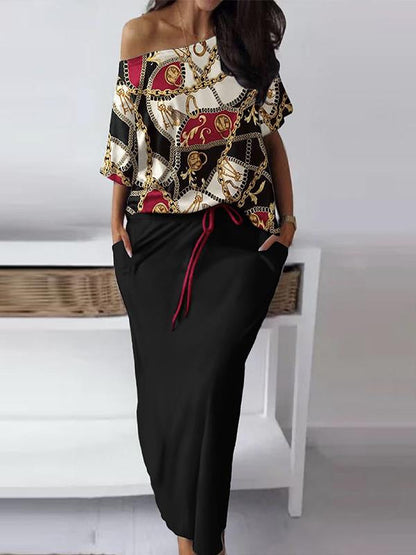 Conjunto de Saia Casual e Estampada com Decote Ombro a Ombro