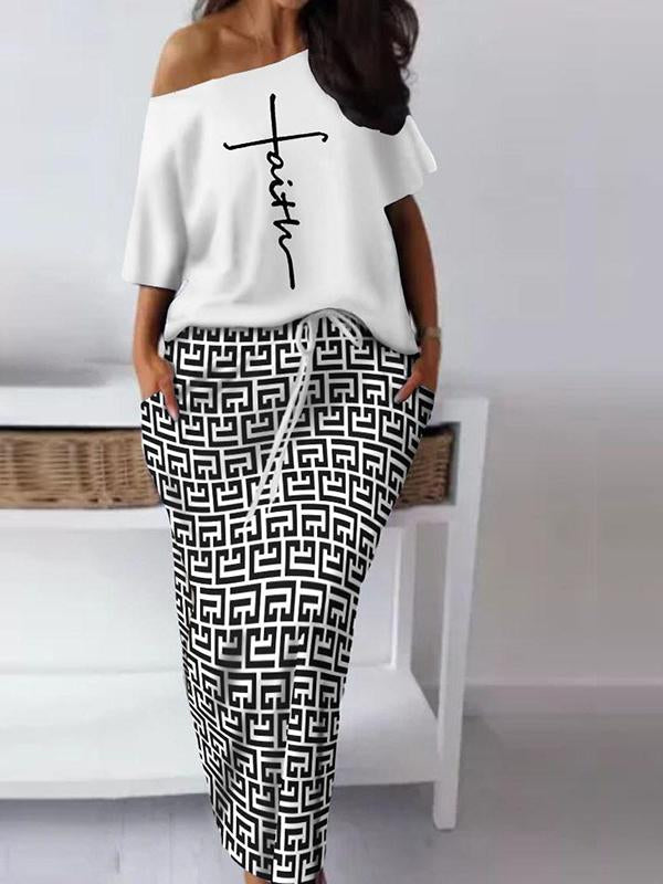 Conjunto de Saia Casual e Estampada com Decote Ombro a Ombro