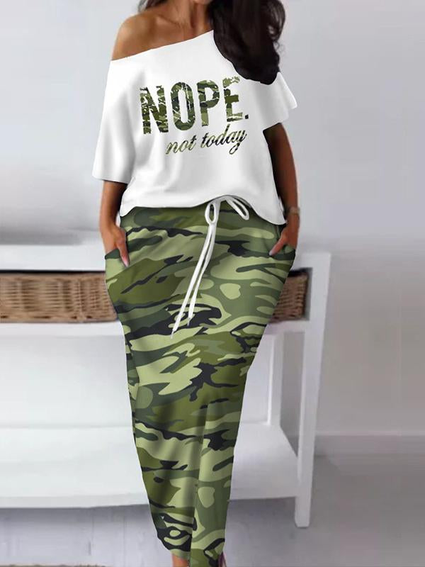 Conjunto de Saia Casual e Estampada com Decote Ombro a Ombro