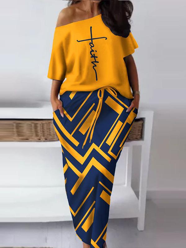 Conjunto de Saia Casual e Estampada com Decote Ombro a Ombro