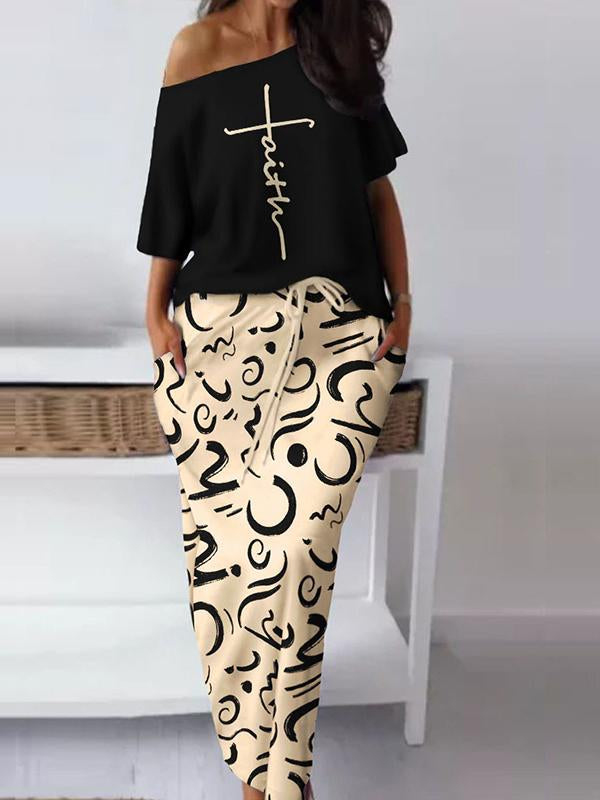 Conjunto de Saia Casual e Estampada com Decote Ombro a Ombro