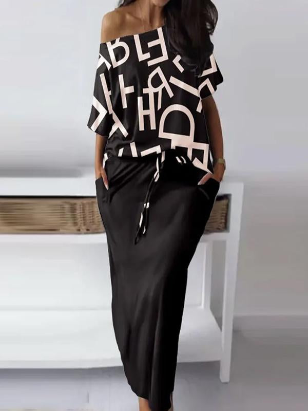 Conjunto de Saia Casual e Estampada com Decote Ombro a Ombro