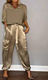 Conjunto de Top de Cetim Liso com Mangas 3/4 e Calça Feminina