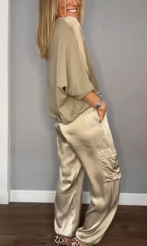 Conjunto de Top de Cetim Liso com Mangas 3/4 e Calça Feminina
