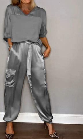 Conjunto de Top de Cetim Liso com Mangas 3/4 e Calça Feminina