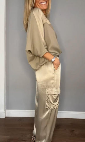 Conjunto de Top de Cetim Liso com Mangas 3/4 e Calça Feminina