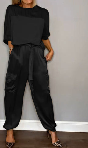Conjunto de Top de Cetim Liso com Mangas 3/4 e Calça Feminina