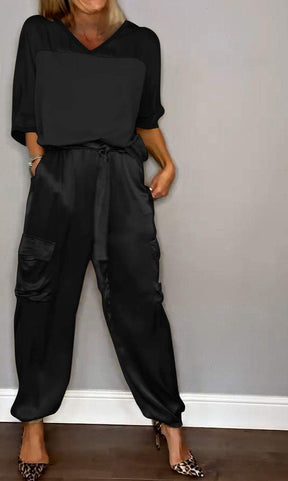 Conjunto de Top de Cetim Liso com Mangas 3/4 e Calça Feminina