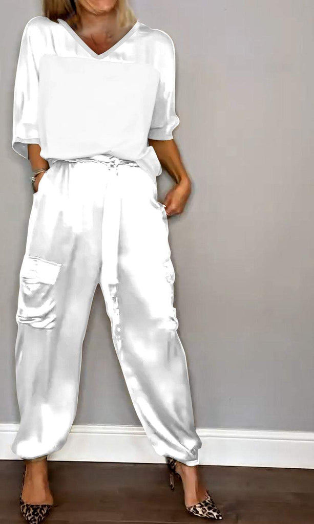 Conjunto de Top de Cetim Liso com Mangas 3/4 e Calça Feminina