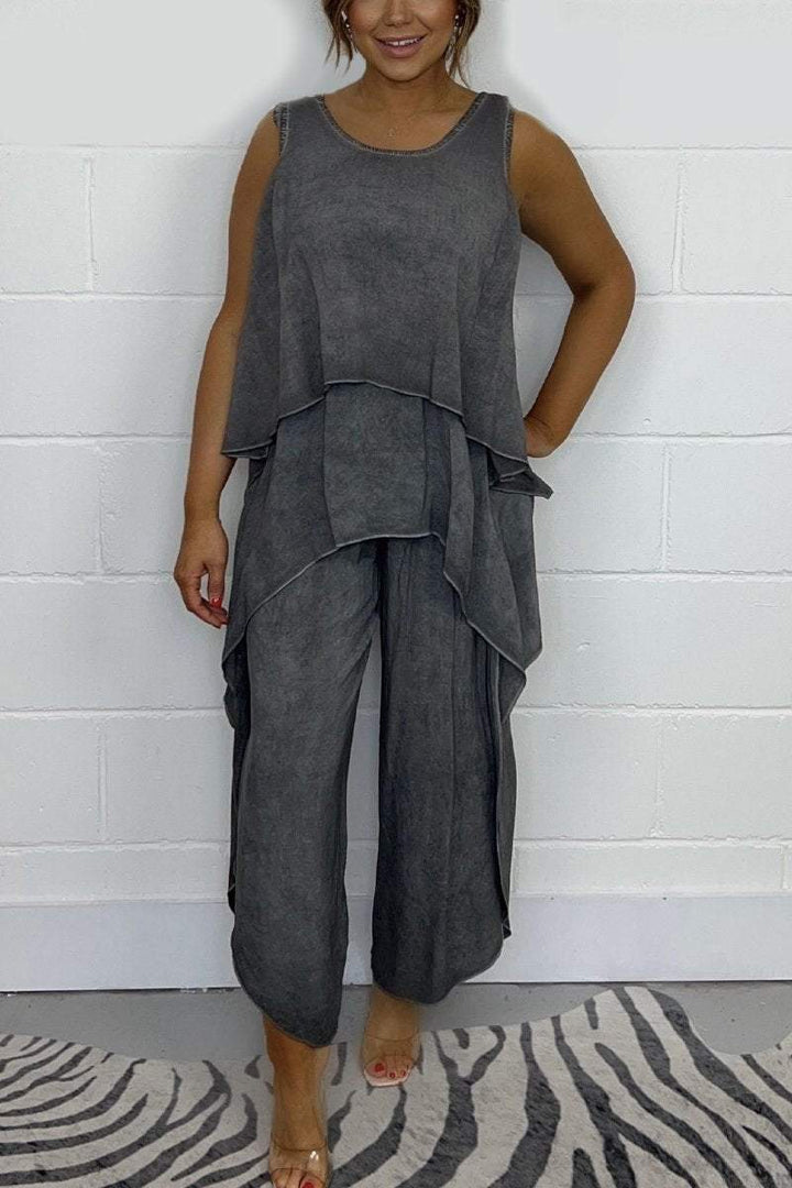 Conjunto de Top Solto sem Mangas e Calças Casuais