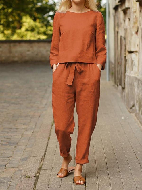 Conjunto Feminino Casual Básico de Calças de Manga Longa de Algodão e Linho
