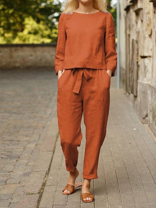 Conjunto Feminino Casual Básico de Calças de Manga Longa de Algodão e Linho