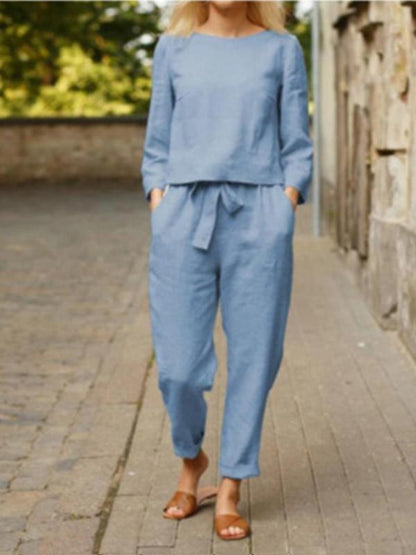 Conjunto Feminino Casual Básico de Calças de Manga Longa de Algodão e Linho - 5