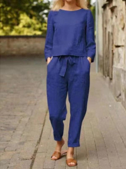 Conjunto Feminino Casual Básico de Calças de Manga Longa de Algodão e Linho - 6