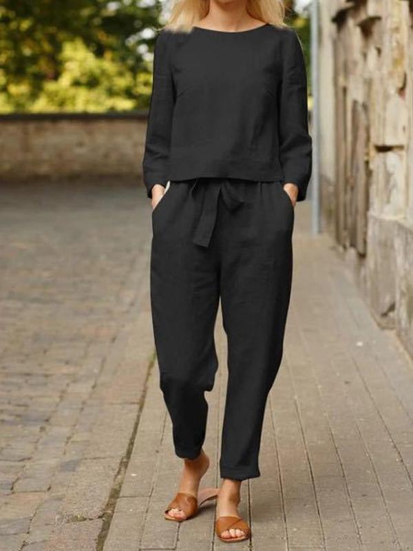 Conjunto Feminino Casual Básico de Calças de Manga Longa de Algodão e Linho