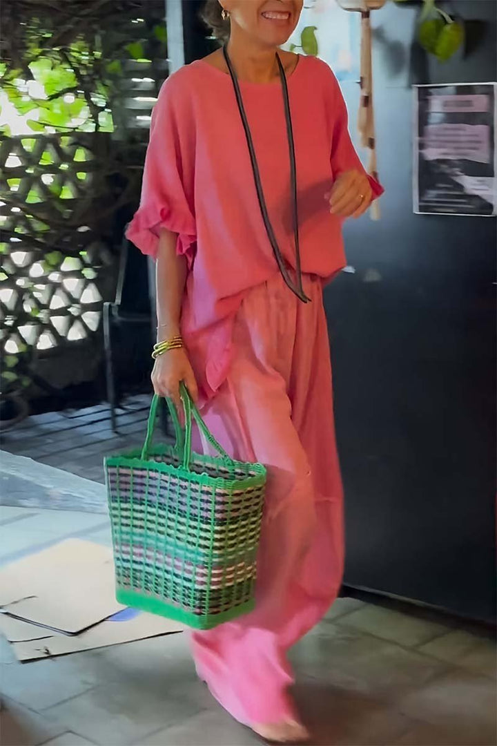 Conjunto Feminino Casual com Calças de Algodão e Linho e Mangas Bufantes