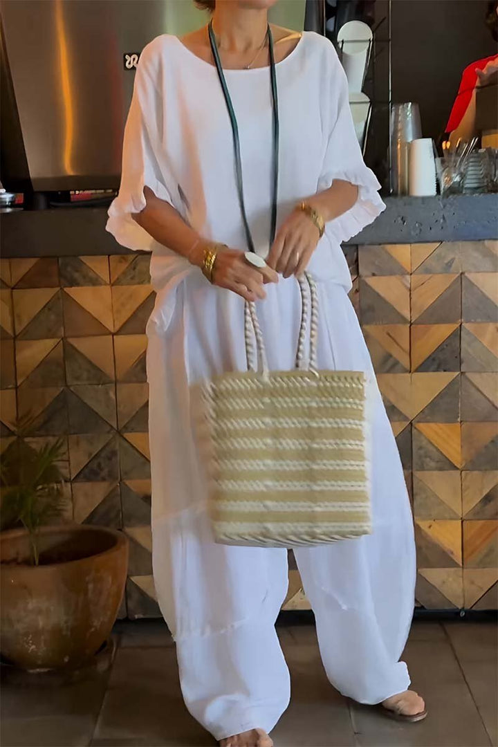 Conjunto Feminino Casual com Calças de Algodão e Linho e Mangas Bufantes