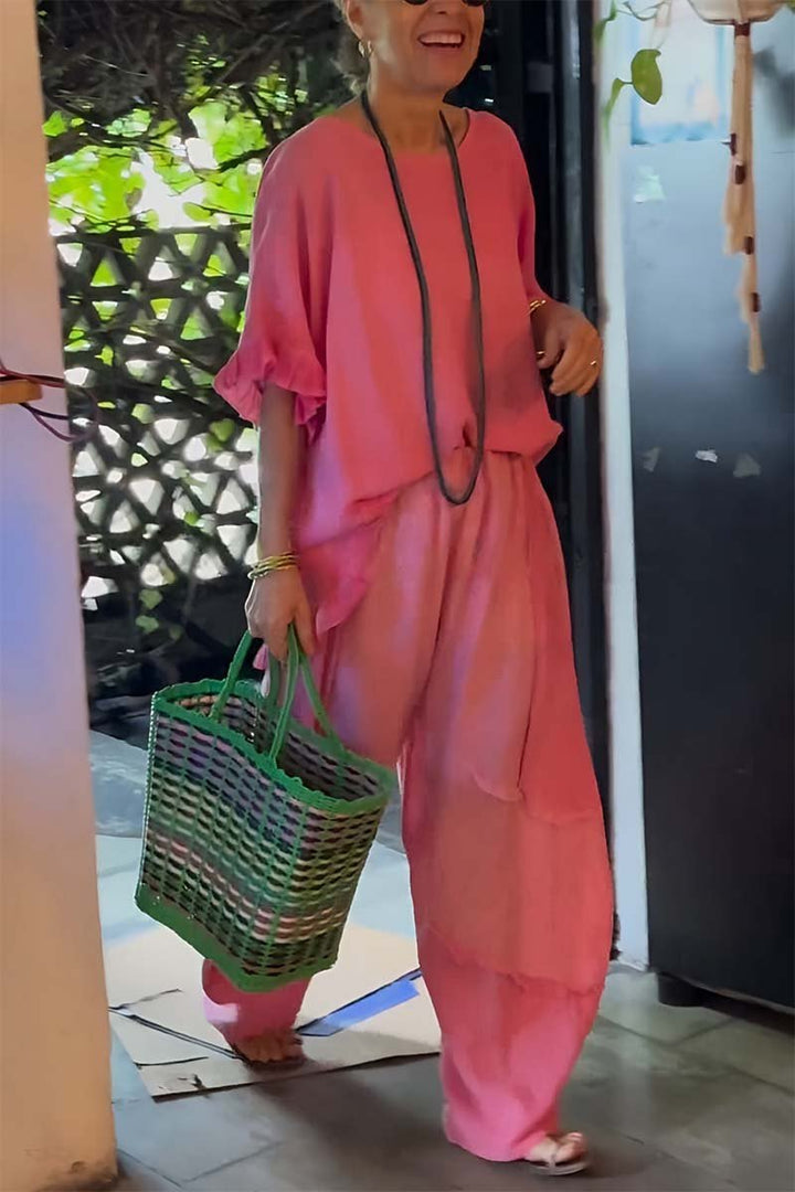 Conjunto Feminino Casual com Calças de Algodão e Linho e Mangas Bufantes