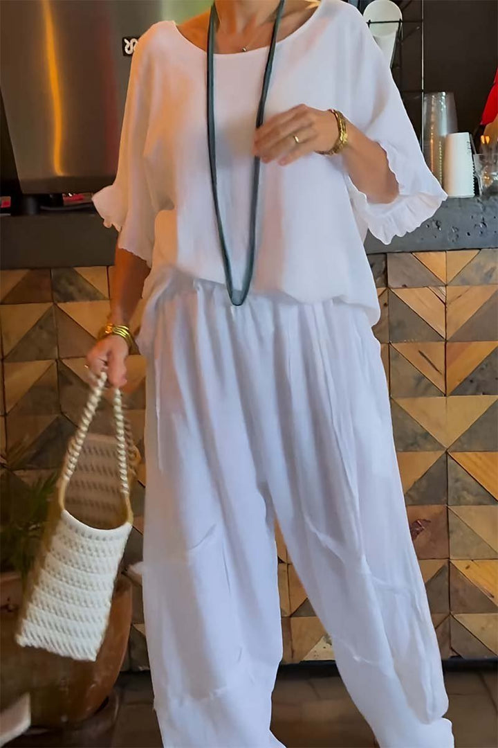 Conjunto Feminino Casual com Calças de Algodão e Linho e Mangas Bufantes