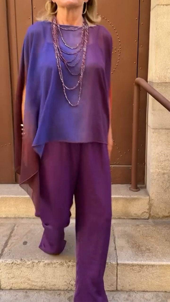 Conjunto Feminino Casual com Gola Redonda e Mangas de Morcego em Degradê - 2