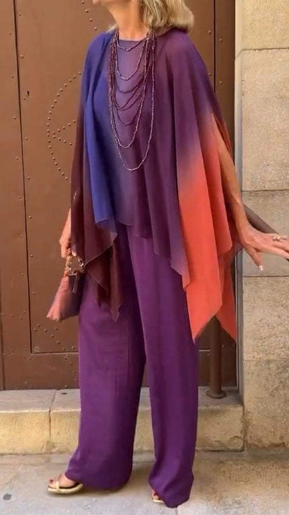 Conjunto Feminino Casual com Gola Redonda e Mangas de Morcego em Degradê