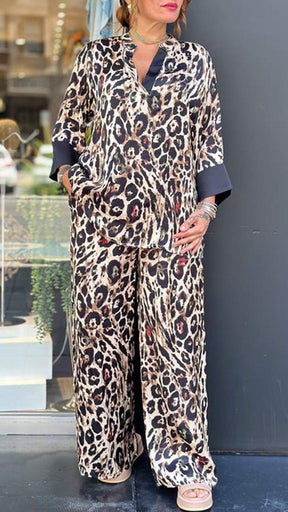 Conjunto Feminino Casual com Lapela e Manga Média com Estampa de Leopardo