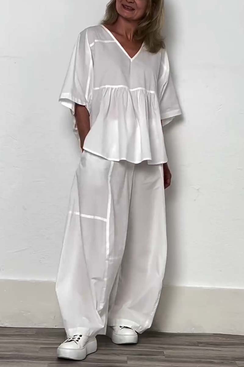 Conjunto Feminino Casual com Top Curto de Decote em V e Calças de Cor Sólida - 2