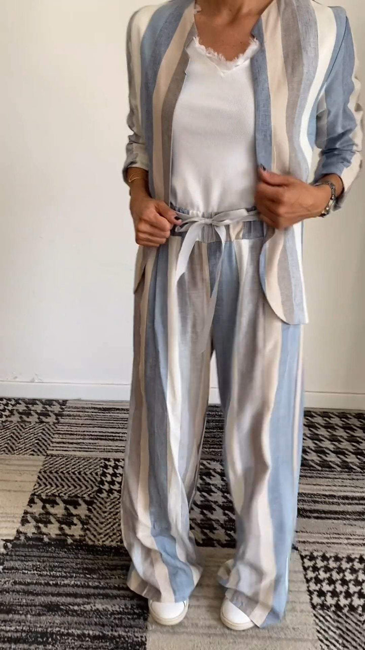 Conjunto Feminino Casual Confortável Listrado com Gola Redonda