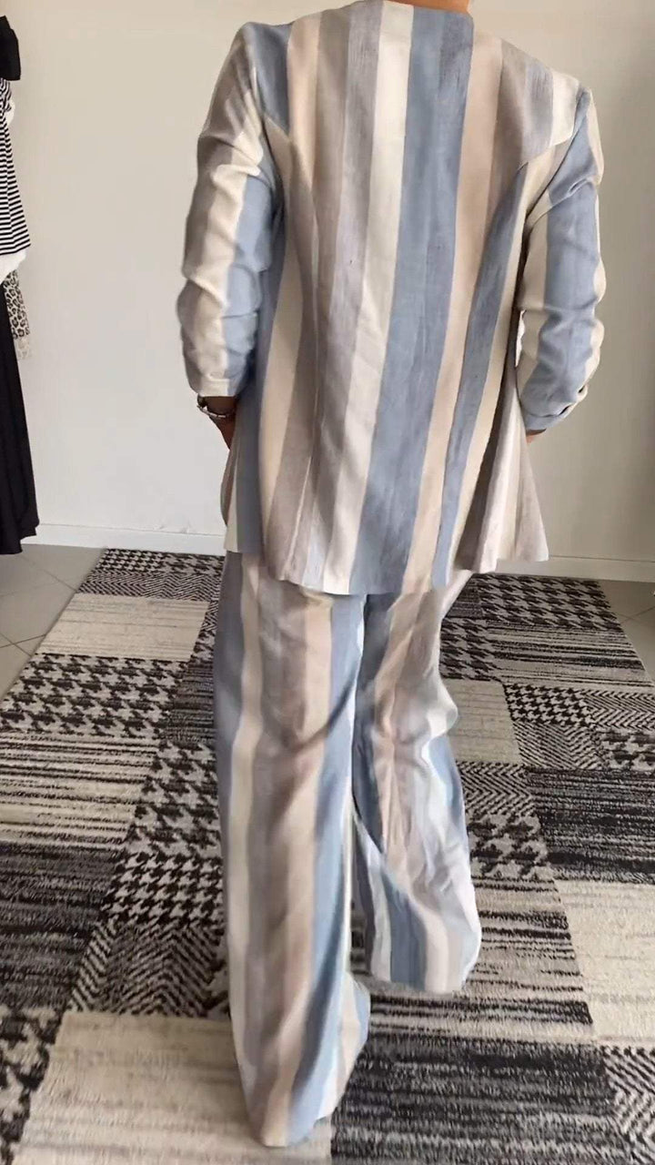 Conjunto Feminino Casual Confortável Listrado com Gola Redonda