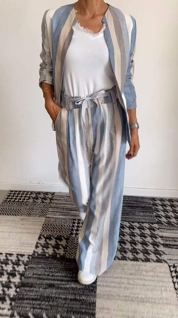 Conjunto Feminino Casual Confortável Listrado com Gola Redonda