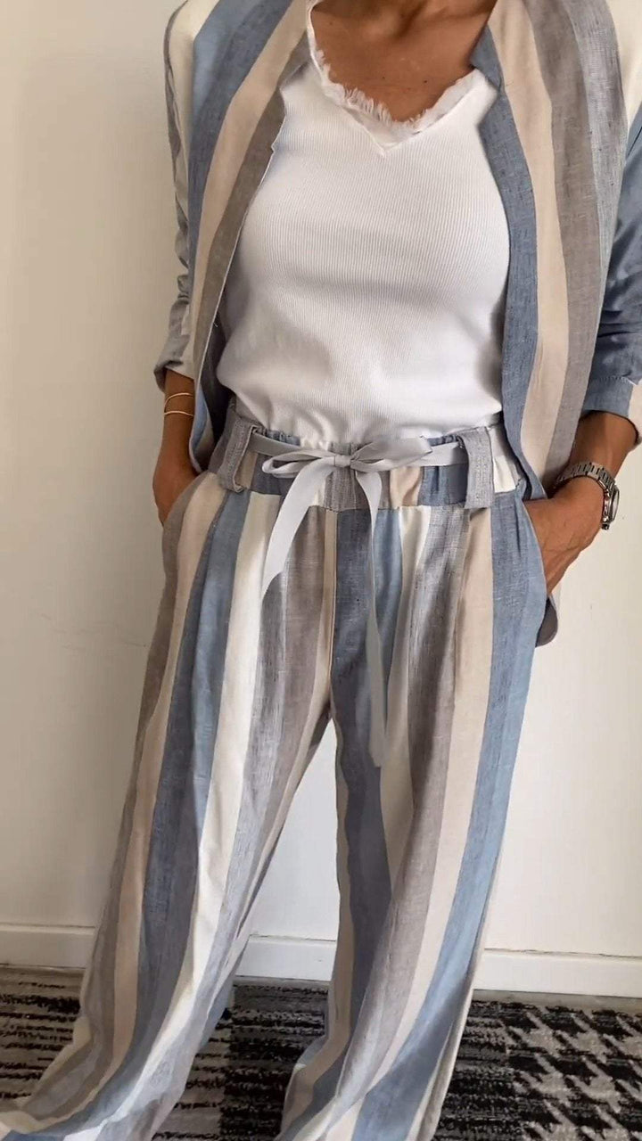 Conjunto Feminino Casual Confortável Listrado com Gola Redonda