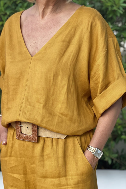Conjunto Feminino Casual de Algodão e Linho Siena – Blusa Decote em V e Calça