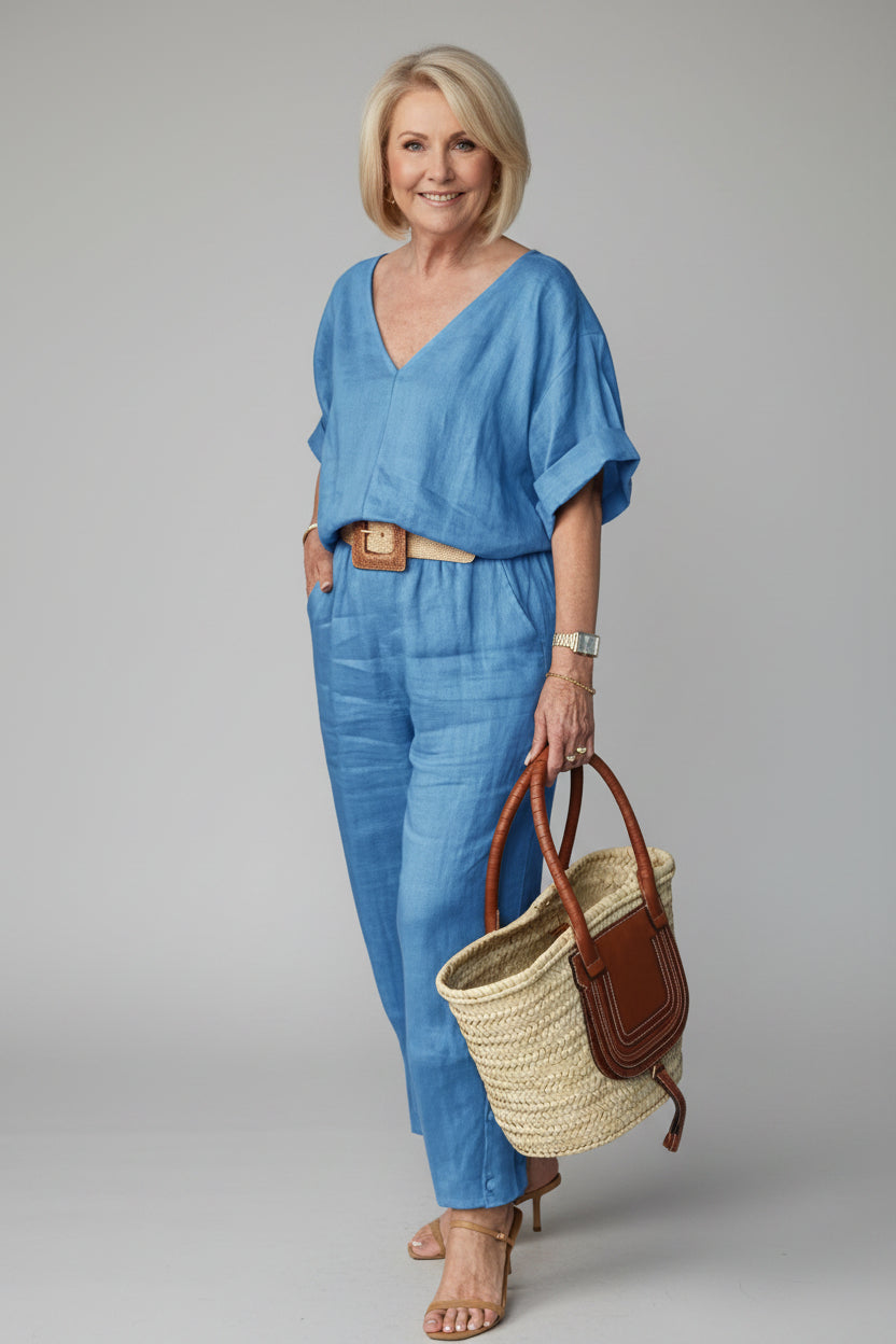 Conjunto Feminino Casual de Algodão e Linho Siena – Blusa Decote em V e Calça