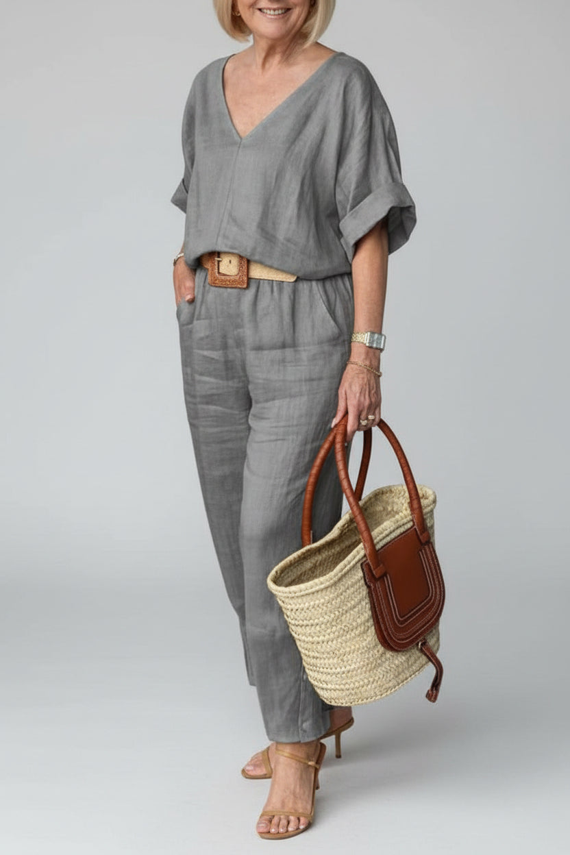 Conjunto Feminino Casual de Algodão e Linho Siena – Blusa Decote em V e Calça