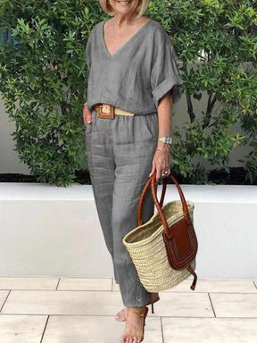 Conjunto Feminino Casual de Algodão e Linho Siena – Blusa Decote em V e Calça