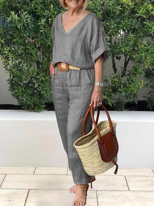 Conjunto Feminino Casual de Algodão e Linho Siena – Blusa Decote em V e Calça