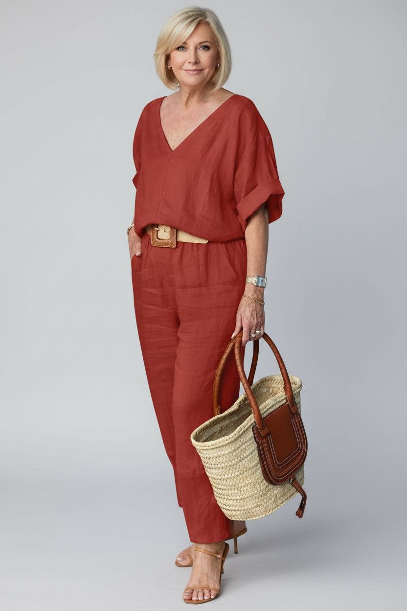 Conjunto Feminino Casual de Algodão e Linho Siena – Blusa Decote em V e Calça