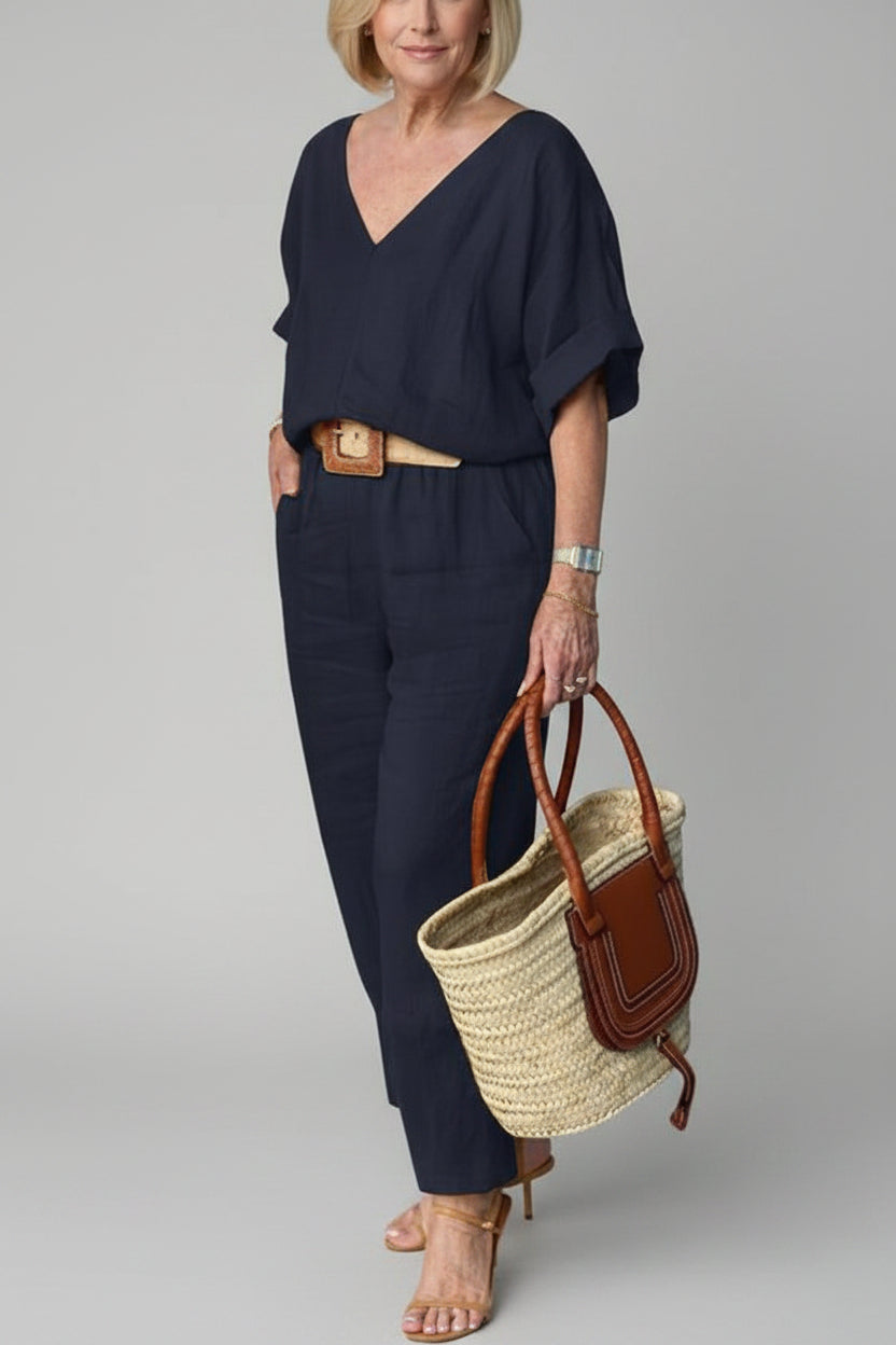 Conjunto Feminino Casual de Algodão e Linho Siena – Blusa Decote em V e Calça
