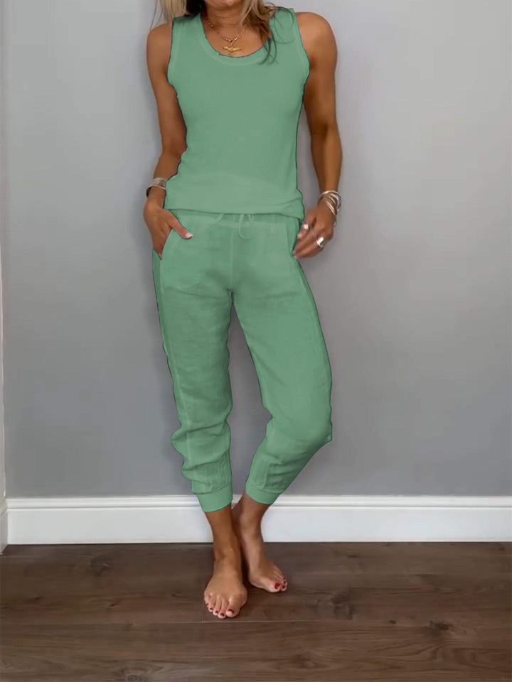 Conjunto Feminino Casual de Algodão e Linho de Duas Peças