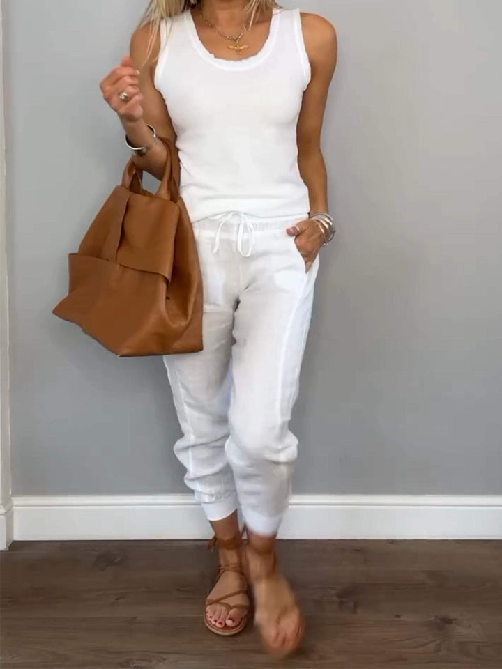 Conjunto Feminino Casual de Algodão e Linho de Duas Peças