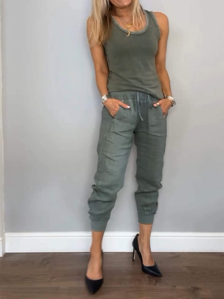 Conjunto Feminino Casual de Algodão e Linho de Duas Peças