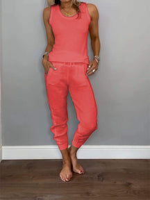 Conjunto Feminino Casual de Algodão e Linho de Duas Peças