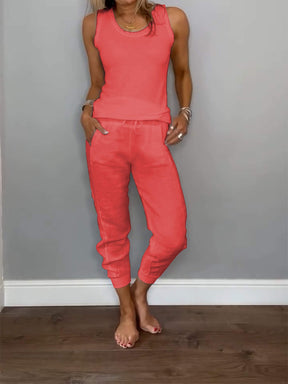 Conjunto Feminino Casual de Algodão e Linho de Duas Peças