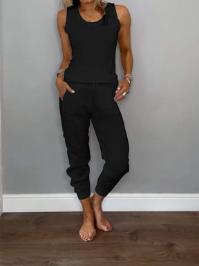 Conjunto Feminino Casual de Algodão e Linho de Duas Peças