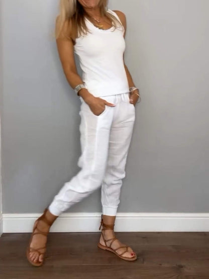 Conjunto Feminino Casual de Algodão e Linho de Duas Peças