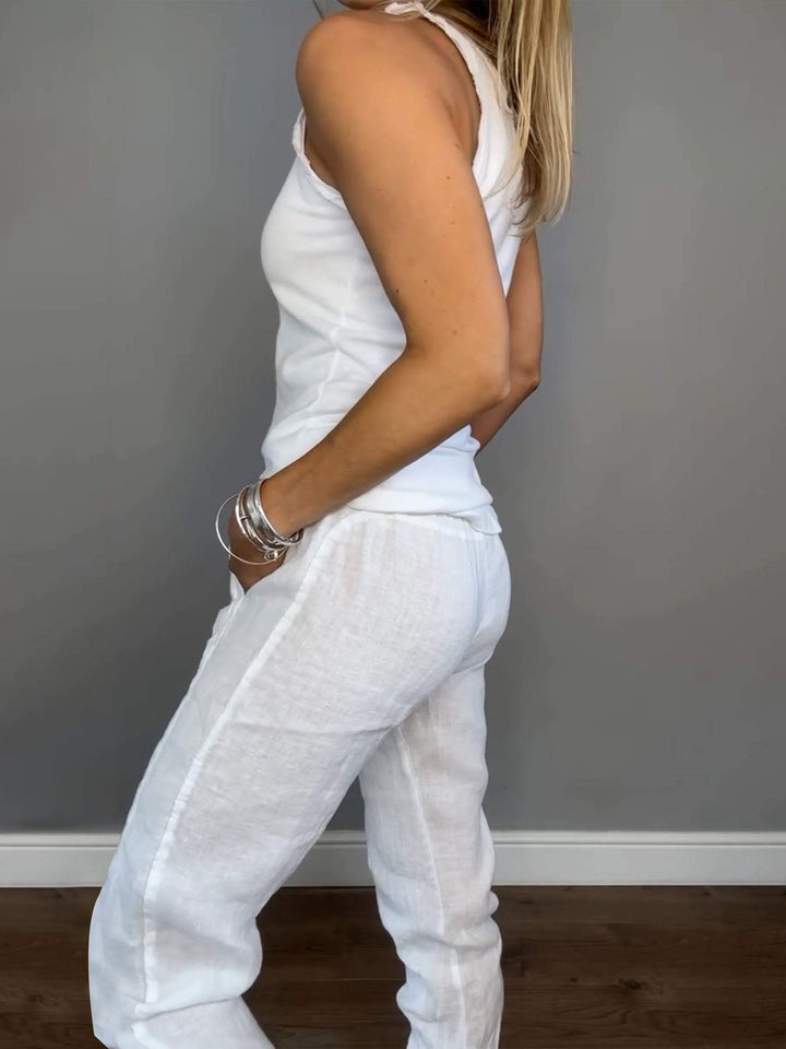 Conjunto Feminino Casual de Algodão e Linho de Duas Peças