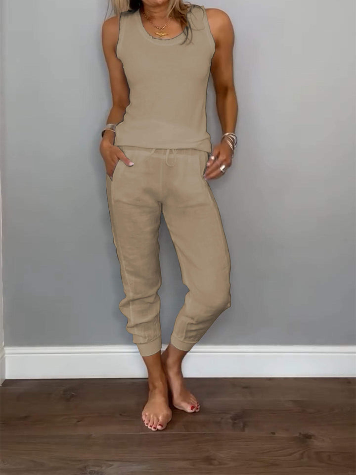 Conjunto Feminino Casual de Algodão e Linho de Duas Peças