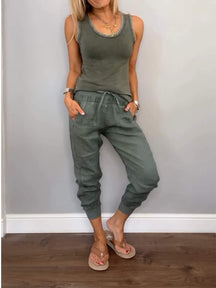 Conjunto Feminino Casual de Algodão e Linho de Duas Peças
